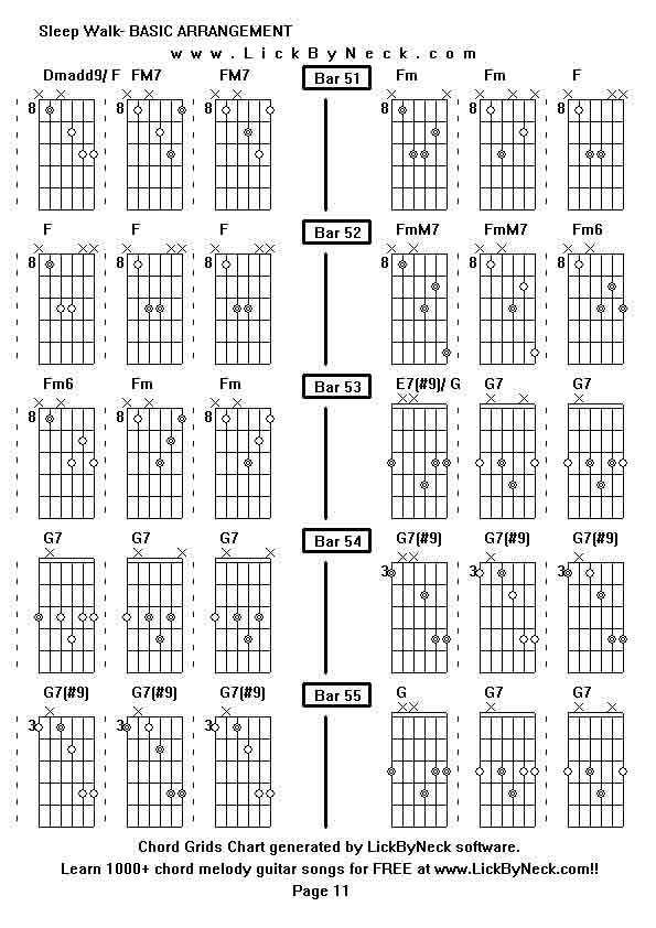 Chord Grids Chart of chord melody fingerstyle guitar song-Sleep Walk- BASIC ARRANGEMENT,generated by LickByNeck software.